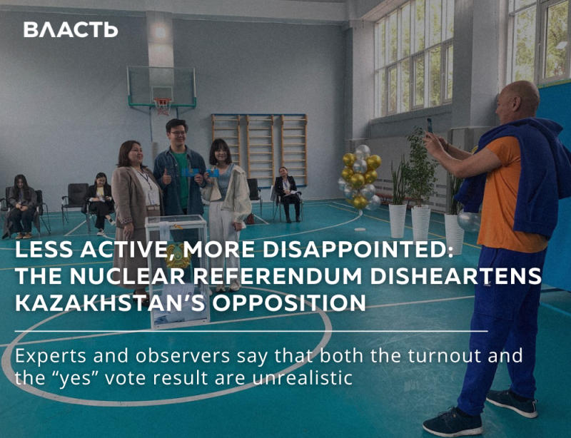 In a gymnasium setting, a group of people are gathered around a ballot box, while another person is taking a picture with a smartphone; the text reads, "LESS ACTIVE, MORE DISAPPOINTED: THE NUCLEAR REFERENDUM DISHEARTENS KAZAKHSTAN'S OPPOSITION."