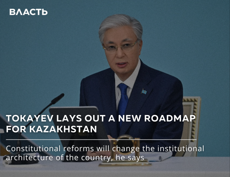 The image shows President Tokayev in a suit and tie, with the text "TOKAYEV LAYS OUT A NEW ROADMAP FOR KAZAKHSTAN" and "Constitutional reforms will change the institutional architecture of the country, he says."