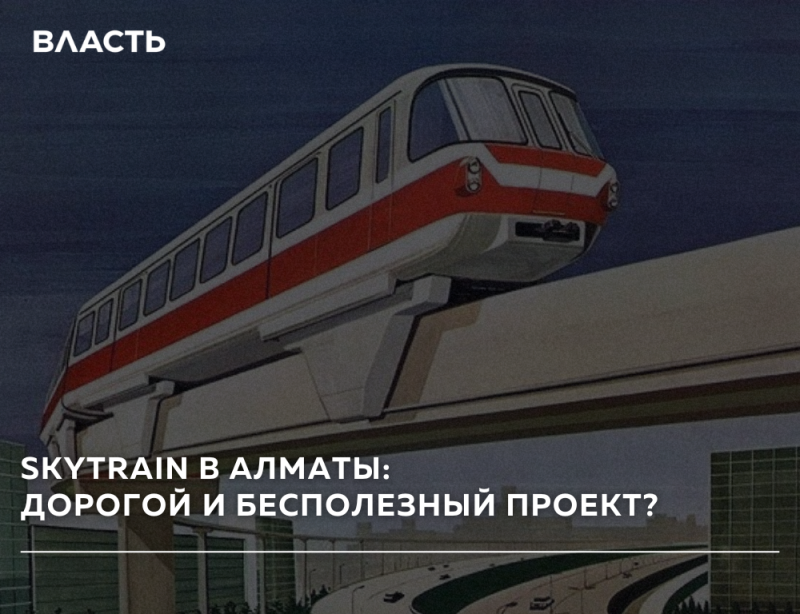A white and red monorail train moves on an elevated track above a multi-lane highway. White text at the top left reads "ВЛАСТЬ", and at the bottom left "SKYTRAIN В АЛМАТЫ: ДОРОГОЙ И БЕСПОЛЕЗНЫЙ ПРОЕКТ?".