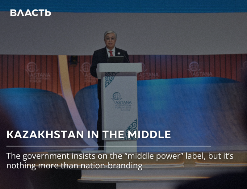 The image shows a man in a suit at a podium with the "Astana International Forum 2023" logo, beneath the text "KAZAKHSTAN IN THE MIDDLE" and the phrase "The government insists on the 'middle power' label, but it's nothing more than nation-branding."