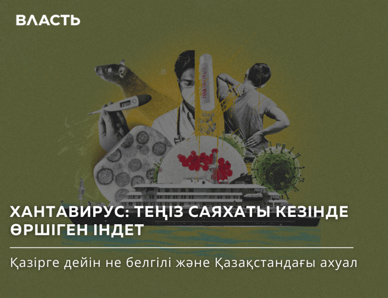 The image is an illustration with a rat, a thermometer, a doctor, a person with back pain, a virus, a cruise ship, and a tube labeled "HANTAVIRUS", set against an olive-green background with the text "ВЛАСТЬ" at the top and the Kazakh text "ХАНТАВИРУС: ТЕҢІЗ САЯХАТЫ КЕЗІНДЕ ӨРШІГЕН ІНДЕТ" and "Қазірге дейін не белгілі және Қазақстандағы ахуал" below.