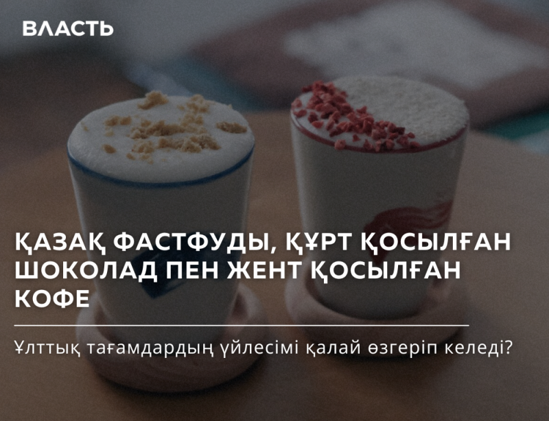 Two cups of coffee with white foam and different toppings are on wooden coasters, with text overlaying the image, including the word 'ВЛАСТЬ'.