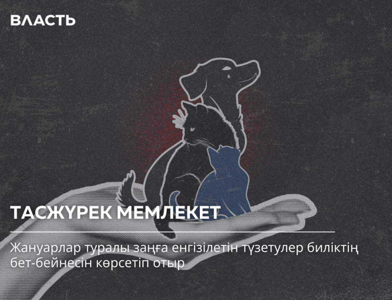The image depicts a black background with the word "ВЛАСТЬ" in the upper left corner, and a graphic of a hand holding a dog, cat, and kitten. Below the graphic is the text "ТАСЖҮРЕК МЕМЛЕКЕТ" and another line of text in Kazakh.