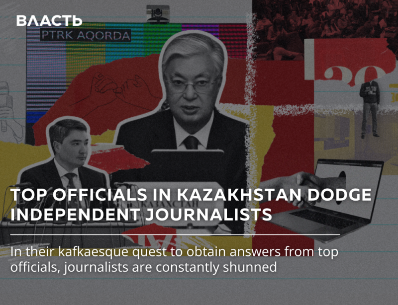 The image is a collage featuring portraits of two men in suits, a television test pattern with the text "PTRK AQORDA", a crowd silhouette, a laptop, and hands reaching out from the screen. The text overlay reads, "TOP OFFICIALS IN KAZAKHSTAN DODGE INDEPENDENT JOURNALISTS."