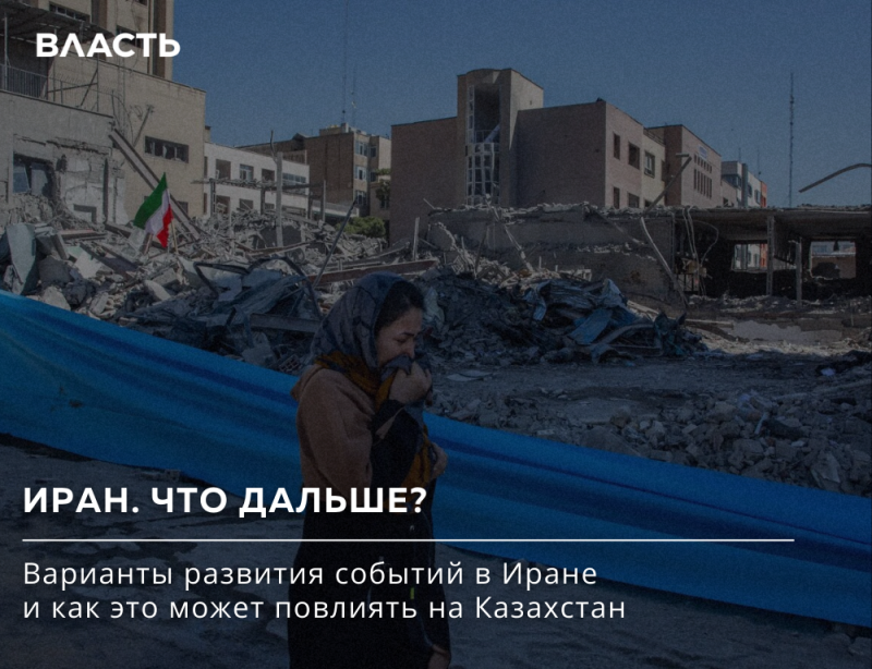 На изображении женщина на фоне разрушенного здания с иранским флагом среди обломков. Текст на изображении гласит "ВЛАСТЬ" вверху и "ИРАН. ЧТО ДАЛЬШЕ? Варианты развития событий в Иране и как это может повлиять на Казахстан" внизу.