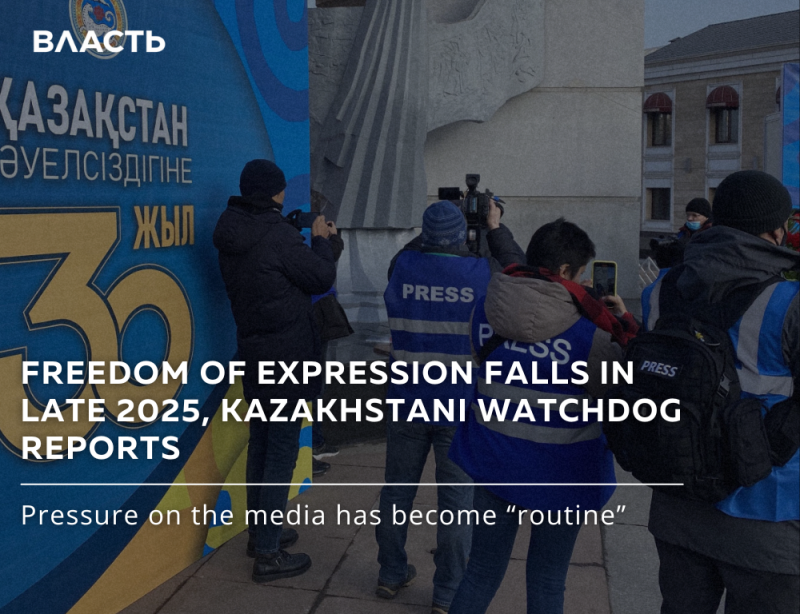 The image shows a group of reporters with "PRESS" vests, some holding cameras and phones, positioned in front of a banner that includes the text "ҚАЗАҚСТАН ӘУЕЛСІЗДІГІНЕ ЖЫЛ". The text overlay reads: "FREEDOM OF EXPRESSION FALLS IN LATE 2025, KAZAKHSTANI WATCHDOG REPORTS" and "Pressure on the media has become 'routine'".