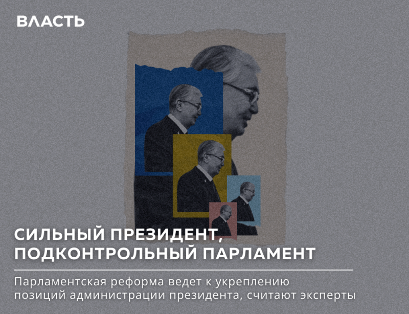 На изображении коллаж с профилем мужчины и текстом «ВЛАСТЬ», «СИЛЬНЫЙ ПРЕЗИДЕНТ, ПОДКОНТРОЛЬНЫЙ ПАРЛАМЕНТ» и «Парламентская реформа ведет к укреплению позиций администрации президента, считают эксперты».