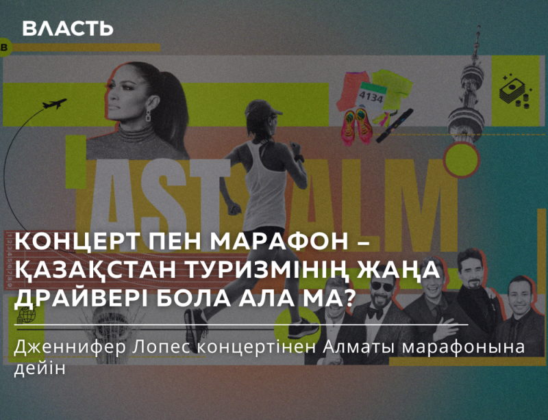 The image is a collage featuring Jennifer Lopez, a running woman, a boy band, and a tower, with text overlayed in Kazakh and Russian discussing concerts and marathons as potential drivers of tourism in Kazakhstan.