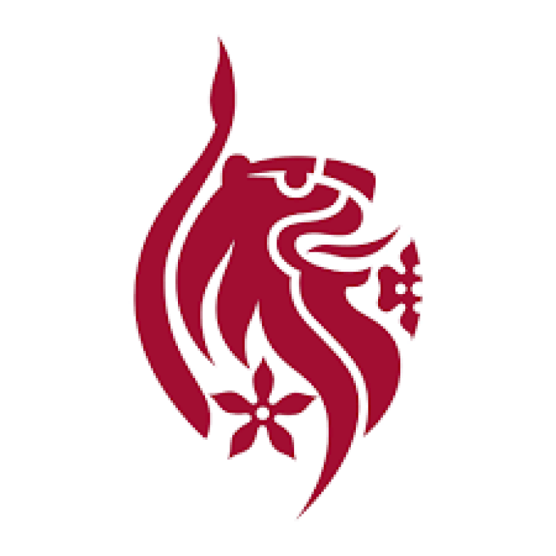 The image features a maroon-colored emblem depicting a stylized lion's head with a raised tail and a five-petal flower on a white background.