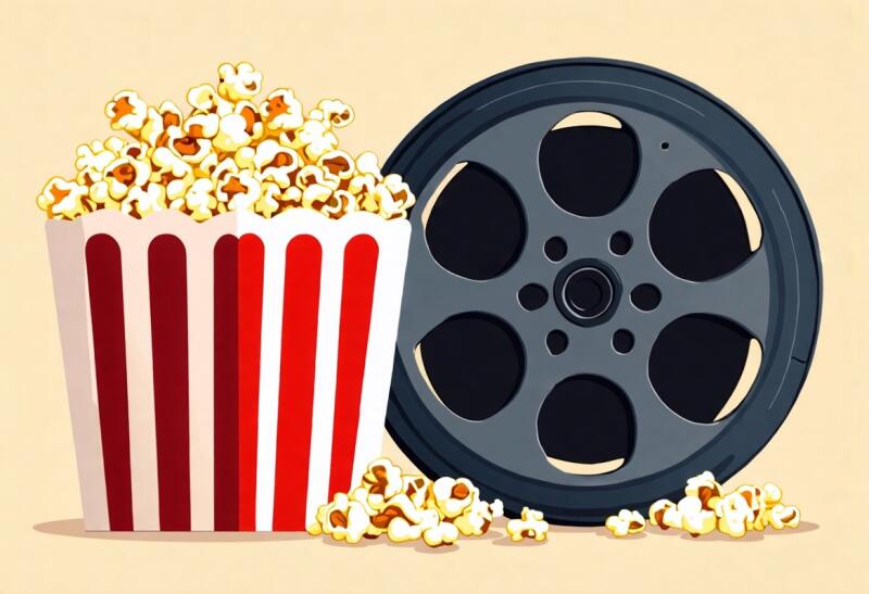 A box of popcorn is next to a movie reel.