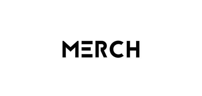 The image shows the word "MERCH" in black font on a white background, with the letter 'E' stylized as three horizontal lines.