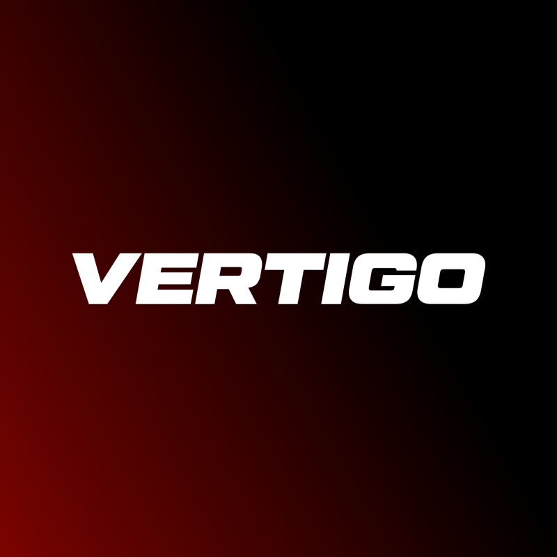 The image shows the word "VERTIGO" in a bold, white font against a gradient background that transitions from black at the top to dark red at the bottom.