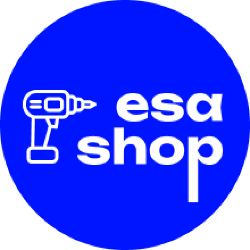 A blue circle with a white outline of a drill and the text "esa shop" in white.